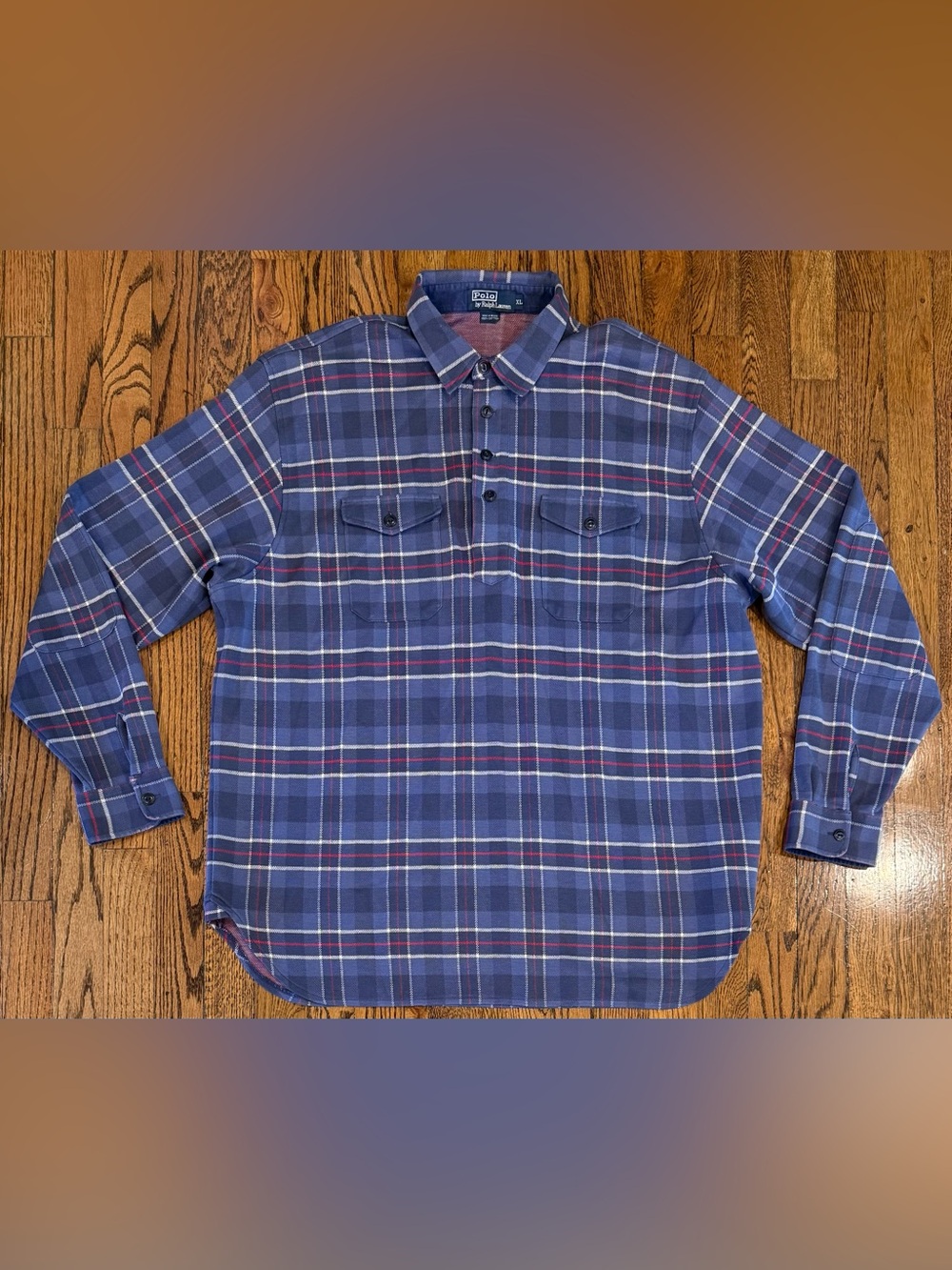 VTG Polo Ralph Lauren Popover Pullover Shirt Blue Plaid Elbow Patch Men’s XL